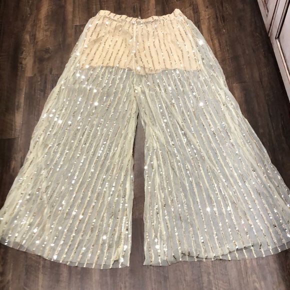 Free People ivory Mesh GoldSequin Skirt WidePant M - Picture 4 of 7